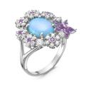 Кольцо из серебра с опалом, кварцем и фианитами родированное