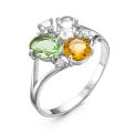 Кольцо из серебра с пл.кварцем цв.празиолит, цитрин и фианитами родированное