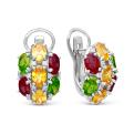 Серьги из серебра с пл.кварцем цв.цитрин, цв.гранат и фианитами родированные