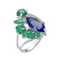 Кольцо из серебра с кварцем сапфир и зелёным кварцем родированное