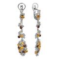 Серьги из серебра с пл.кварцем цв.цитрин, празиолит, раухтопаз и фианитами родированные