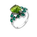 Кольцо из серебра с  пл. кварцем хризолит и зелёным кварцем родированное