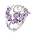 Кольцо из серебра с кварцем аметист и фианитами родированное