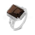 Кольцо из серебра с кварцем раухтопаз и фианитами родированное