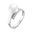 Кольцо из серебра с жемчугом и фианитами родированное