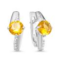 Серьги из серебра с кварцем цитрин и фианитами родированные