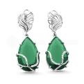 Серьги из серебра с зелеными кварцами и фианитами родированные