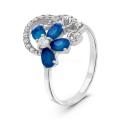 Кольцо из серебра с пл.кварцем цв.сапфир и фианитами родированное