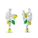 Серьги из серебра с кварцем хризолит, хризопраз и фианитами родированные