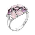 Кольцо из серебра с пл.кварцем цв.аметист, пл.кварцем цв.лунный розовый родированное
