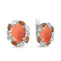 Серьги из серебра с кораллами, кварцами раухтопаз и фианитами родированные