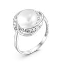 Кольцо из серебра с культ.жемчугом и фианитами родированное