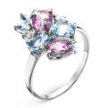 Кольцо из серебра с кварцем топаз, аметист и фианитами родированное