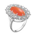 Кольцо из серебра с рек.кораллом и фианитами родированное