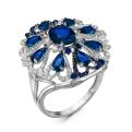 Кольцо из серебра с кварцем сапфир и фианитами родированное