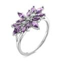 Кольцо из серебра с нат. аметистом и фианитами родированное