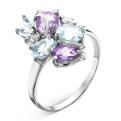 Кольцо из серебра с нат.топазом, нат.аметистом и фианитами родированное