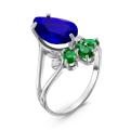 Кольцо из серебра с пл.кварцем цв.сапфир, пл.зеленым кварцем и фианитами родированное