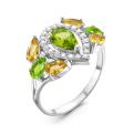 Кольцо из серебра с пл.кварцем цв.хризолит, цв.цитрин и фианитами родированное