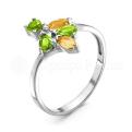 Кольцо из серебра с желтыми и зелеными кварцами родированное