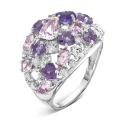 Кольцо из серебра с кварцем аметист, александрит, родолит и фианитами родированное
