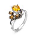 Кольцо из серебра с кварцем цитрин, раухтопаз и фианитами родированное
