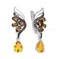 Серьги из серебра с кварцем цитрин, раухтопаз и фианитами родированные