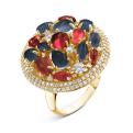 Кольцо из золочёного серебра с пл.кварцем цв.рубин, сапфир и фианитами