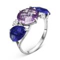 Кольцо из серебра с пл.кварцем цв.сапфир, аметист и фианитами родированное