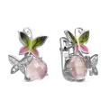 Серьги из серебра с цветной эмалью, нат.кварцем и куб. цирконами родированные