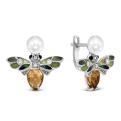 Серьги из серебра с культ.жемчугом, нат кварцем, эмалью и куб.цирконием родированные