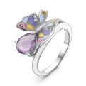 Кольцо из серебра с эмалью, нат.аметистомм и куб.цирконием родированное