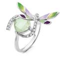 Кольцо из серебра с цветной эмалью, нат.кварцем и цирконами родированное