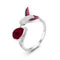 Кольцо из серебра с нат.рубином, куб.цирконием и эмалью родированное - Колибри