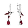 Серьги из серебра с нат.рубином, куб.цирконием и эмалью родированные - Колибри