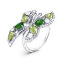 Кольцо бабочка из серебра с хризолитом, хромдиопсидом и кубическим цирконием родированное