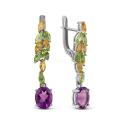 Серьги из серебра с нат.аметистом, цитрином и хризолитом родированные