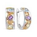 Серьги из золочёного серебра с нат.топазом, нат.аметистом, нат.хризолитом и родированием
