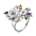 Кольцо из серебра с перламутром, натуральным кварцем, аметистом, цитрин и кб. цирконием родированное