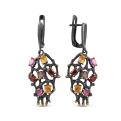Серьги из серебра с нат.гранатом, родолитом,цитрином, раухтопазом и золочением родированные