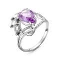 Кольцо из серебра с пл.кварцем цв.аметист и фианитами родированное