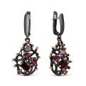 Серьги из серебра с нат.аметистом, нат.родолитом, нат.гранатом и золочением родированные