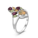 Кольцо из серебра с опалом, нат.цитрином, хризолитом и родолитом родированное