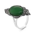 Кольцо из чернёного серебра с нат.зелёным агатом и марказитами