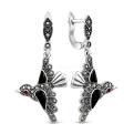 Серьги Птицы из чернёного серебра с ониксом и марказитами