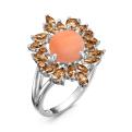 Кольцо из серебра с кораллом, кварцем раухтопаз и фианитами родированное