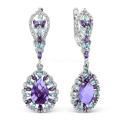 Серьги из серебра с пл.кварцем цв.аметист и фианитами родированные