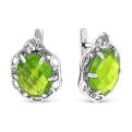 Серьги из серебра с пл.кварцем цв.хризолит и фианитами родированные