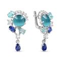 Серьги из серебра с пл.кварцем цв.лунный голубой, сапфир, топаз и фианитами родированные
