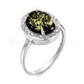 Кольцо из серебра с нат.зеленым янтарем и фианитами родированное